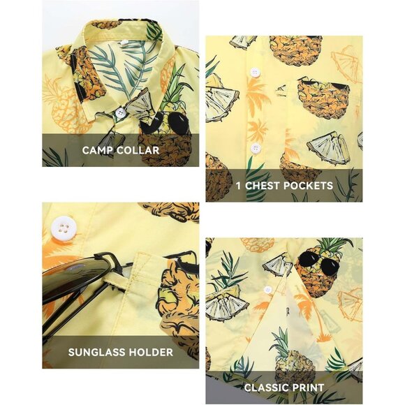 Men Yellow Hawaiian Shirt Pineapple Print Short Sleeve Button Up Casual Top - Picture 5 of 8